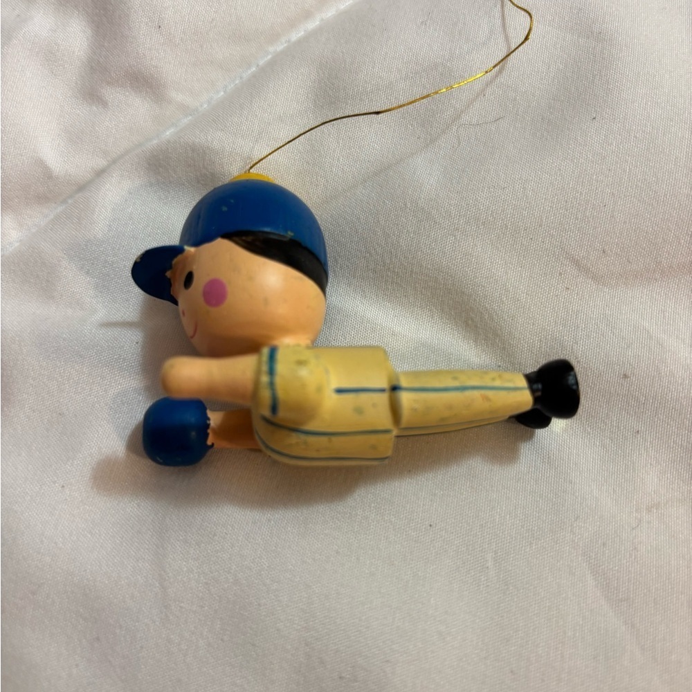 Vintage Blue and Yellow Baseball Player Christmas Ornament